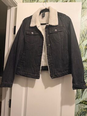 Jou Jou Black Denim Jacket with Cream Sherpa Collar